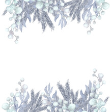 Winter Border Blue Floral With Snow, Hand Drawing