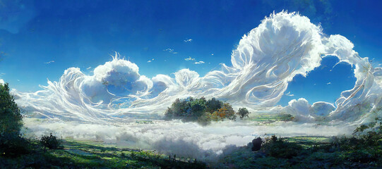 Wall Mural - Beautiful Landscape above sky At paradis with Whirlwind cloud Atmosphere. Fantasy Art Background Illustration. For Game, Novel, Web Design.