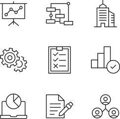 Wall Mural - Collection of isolated vector line icons for web sites, adverts, articles, stores, shops. Editable strokes. Signs of presentation board, tree or mind map, skyscraper