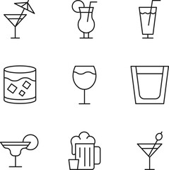 Wall Mural - Collection of isolated vector line icons for web sites, adverts, articles, stores, shops. Editable strokes. Signs of cocktail, wine, beer, beech and holiday