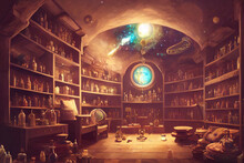 Fantasy Astromancer's Room. Detail Lighting. Beautiful Anime Novel Background.
