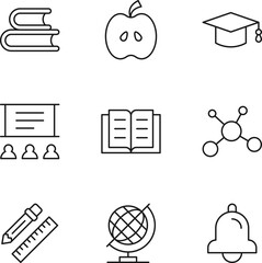 Collection of isolated vector line icons for web sites, adverts, articles, stores, shops. Editable strokes. Signs of books, apple, academic square cap, auditorium, lesson