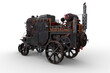 Rear perspective 3D rendering of a Steampunk style steam powered carriage with luggage on top isolated on a transparent background.