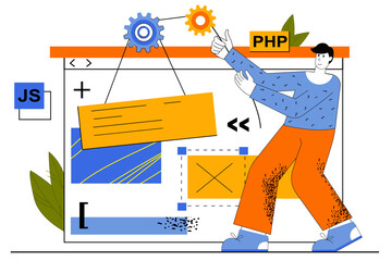Web development concept. Developer creates layout of site, programming at different languages, places buttons, navigation elements. Illustration for web page template in flat line design
