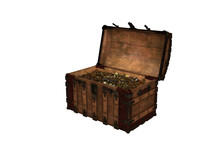 3D Illustration Of An Old Wooden Treasure Chest With Open Lid Showing Gold Coins Isolated On A Transparent Background.