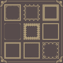 Vintage Set Of Vector Elements. Different Square Elements For Decoration And Design Frames, Cards, Menus, Backgrounds And Monograms. Classic Brown And Golden Patterns. Set Of Vintage Patterns