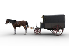 Side View Of A Victorian Police Wagon Pullled By A Bay Horse. 3D Rendering Isolated On A Transparent Background.