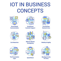  IoT in business concept icons set. Digital opportunities. Transformation benefits idea thin line color illustrations. Isolated symbols. Editable stroke. Roboto-Medium, Myriad Pro-Bold fonts used