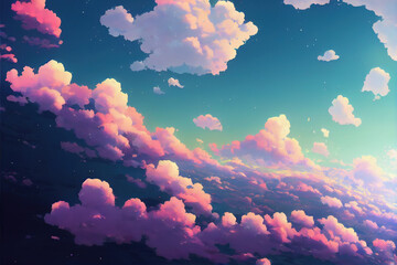 Wall Mural - Sky Panorama Evening with Relaxing Clouds. Japanese Anime Style Beautiful Atmosphere Background.