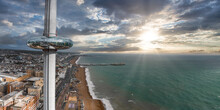 Aerial View Of British Airways I360 Observation Deck In Brighton, UK. Beautiful Tower With Tourists Exploring Brighton By The Sea With An Amazing View.