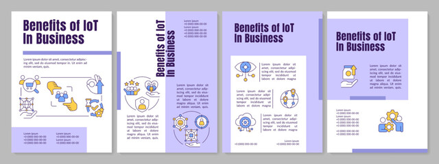 IoT advantages in business purple brochure template. Digital. Leaflet design with linear icons. Editable 4 vector layouts for presentation, annual reports. Anton, Lato-Regular fonts used
