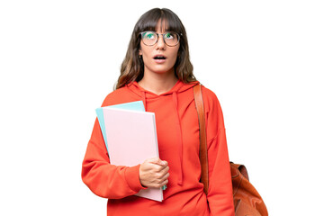 Wall Mural - Young student caucasian woman over isolated background looking up and with surprised expression