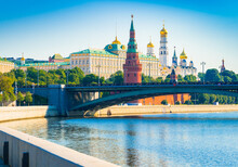 Moscow Kremlin And Moskva River. Sunny Summer Morning. Russia