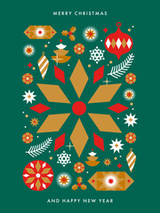 Wall Mural - Merry Christmas and Happy New Year greeting card, poster, holiday cover. Modern Xmas design with geometric pattern in red, gold, green, white colors. Christmas tree, balls, stars, snowflakes and candy