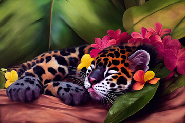 Wall Mural - cute 3d realistic leopard sleeping on tropical jungle full of exotic flowers and leaves. Amazing tropical floral pattern for print, web, greeting cards, wallpapers, wrappers. 3d illustration