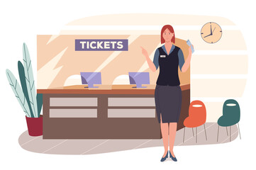 Sticker - Airport web concept. Reservations and ticket sales counter or flight check-in counter. Airport staff work at reception office. People scenes template. Illustration of characters in flat design