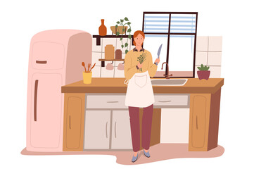 Modern comfortable interior of kitchen web concept. Woman cooking in room with refrigerator, table, sink, utensils, plants. People scenes template. Illustration of characters in flat design