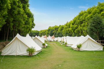 the campsite in the forest is covered with tents