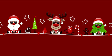 Poster - Banner Santa Rentier Und Baum Sonnenbrille Weihnachten Icons Dunkelrot