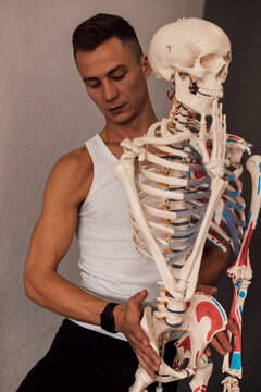 A man in a white T-shirt studies the structure of the human skeleton