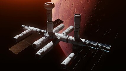 Wall Mural - construction of the world's first space station in Mars orbit. the concept of space technology for the near future and the conquest of the nearest planets