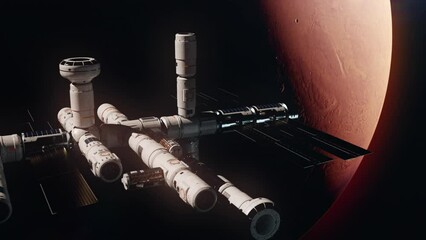 Wall Mural - the world's first space station orbiting mars. the concept of near-future space technology and the conquest of the nearest planets