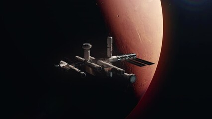 Wall Mural - the world's first space station orbiting mars. the concept of near-future space technology and the c