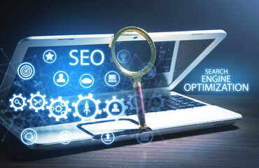 Wall Mural - seo (search engine optimization) and magnifying glass. analysis