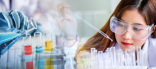 Wall Mural - attractive scientist woman testing chemical sample in flask at laboratory with lab glassware backgro