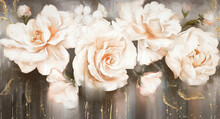 Oil Painting With Flower Rose, Gold Leaves. Botanic Print Background On Canvas -  Triptych In Interior, Art.