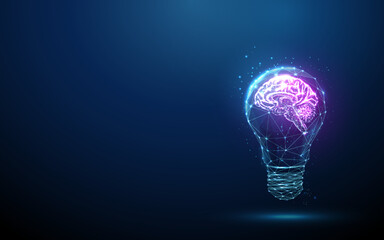 abstract blue glowing light bulb with violet brains inside