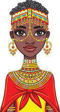 Animation Portrait Of The Attractive African Girl. The Vector Illustration Isolated On A White Background.