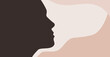 © Lopolitt - Woman face silhouette abstract banner template. Simple female profile, nude dusty colors, wavy poster flyer for international womens day, allyship, beauty sphere design. Vector illustration.