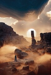 Wall Mural - An ancient ruined city, stone ruins, arches, pillars, a magical portal to another world. Fantasy desert landscape with stone runes, mythology. 3D illustration