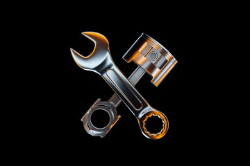 Wall Mural - The concept of engine repair, car repair. Image of wrenches and a cylinder on a dark background. Copy space, 3D illustration, 3D render.