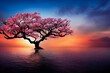 Zen landscape evoking total freedom and Japan with a pink tree lost in the tranquility of the sea. Illustration 3d.