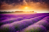 Fototapeta Do przedpokoju - Sunset on a lavender field and its flowers. Landscape evoking the south of Europe and the Mediterranean. Illustration 3d.