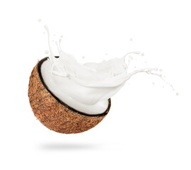 Wall Mural - Half of a coconut with milk splashes isolated on a white background