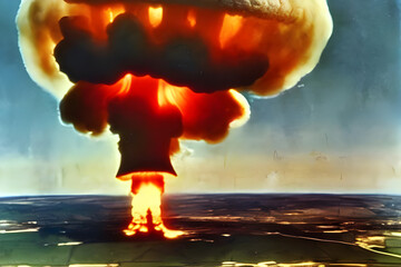 Wall Mural - an old autochrome photograph of an atomic bomb explosion with mushroom cloud