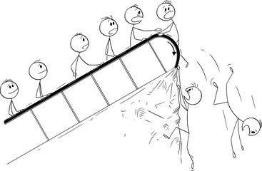 Wall Mural - People on Escalator, Falling Down on the End Vector Cartoon Stick Figure Illustration