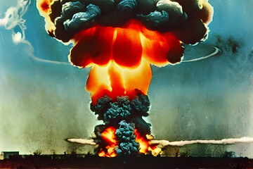 Wall Mural - an old autochrome photograph of an atomic bomb explosion with mushroom cloud