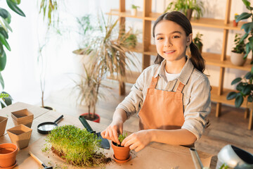 Happy preteen girl planting microgreen and looking at camera at home.