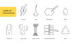 Types of biomaterial a set of line icons in vector, illustration of human sperm and hair, blood and nails, cerebrospinal fluid and bone marrow.