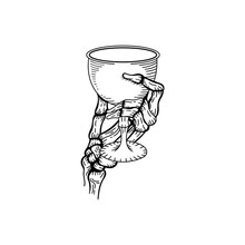 Skeleton Hand In Retro Style Holding A Glass Of Wine