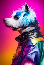 Antropomorphic White Dog Dressed In Leather Jacket Looks Like Pop Star 