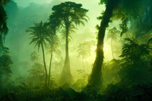 Illustration Of Green Prehistoric Jungle With Lush Vegetation
