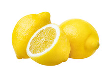 Lemon Isolated On White Or Transparent Background.  Three Lemon Fruits Whole And Cut Half