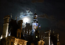 Moon Rising Over Hotel De Ville (City Hall). Paris, France. 