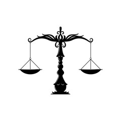 Wall Mural - Justice or judicial law balance scale icon, isolated vintage weight scales, retro judgment and punishment, equality sign. Vector law and notary equilibrium