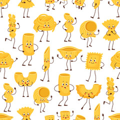 Cartoon pasta characters seamless pattern with happy italian macaroni food. Vector background with cute personages of penne, fusilli, noodle and farfalle, ravioli, rigatoni and conchiglie pasta